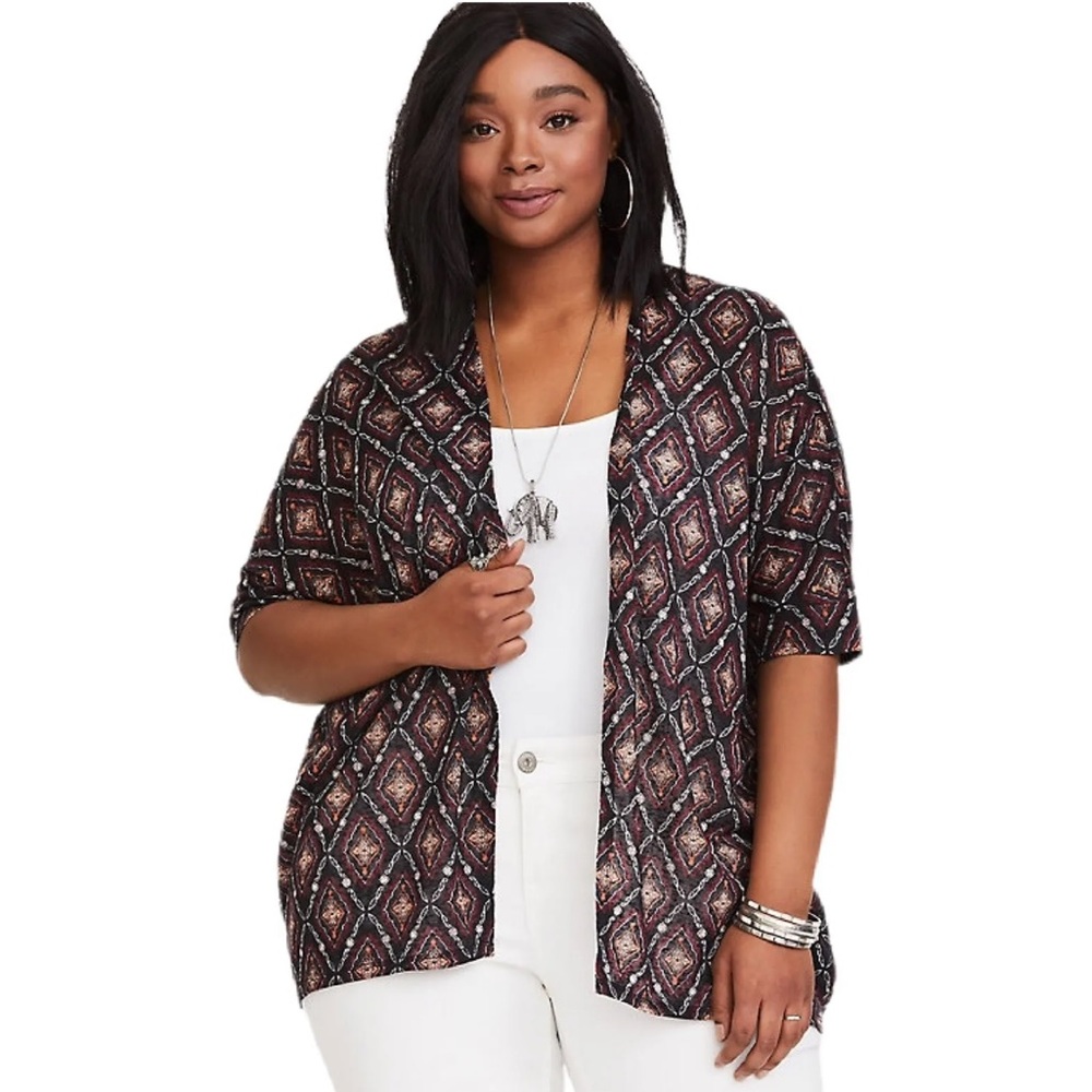 Torrid Black Kimono Cardigan Plus Size 3 Geo Knit Short Sleeve Open Front